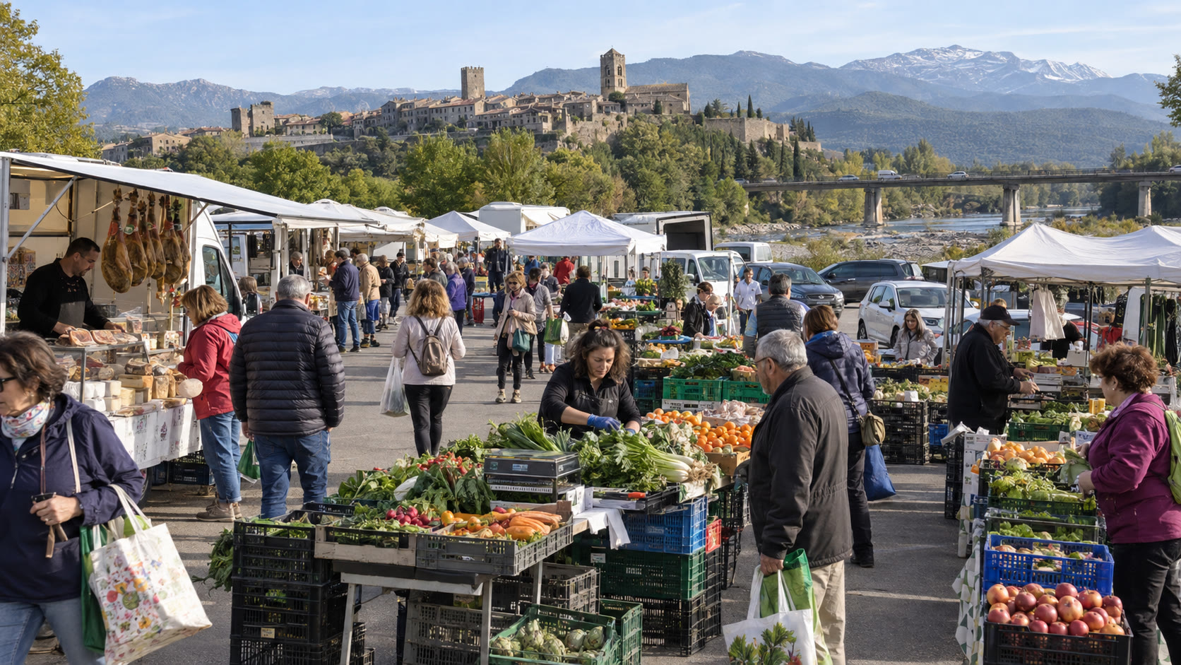 Marché hebdomadaire du mardi sur le parking de la basse-ville d’Aínsa, cité médiévale en arrière-plan