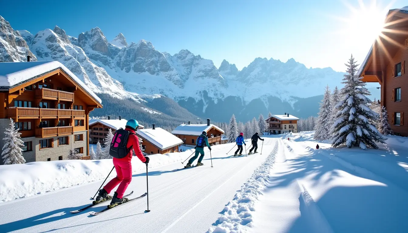 Destination de ski, la clusaz. skieurs sur la piste près des chalets