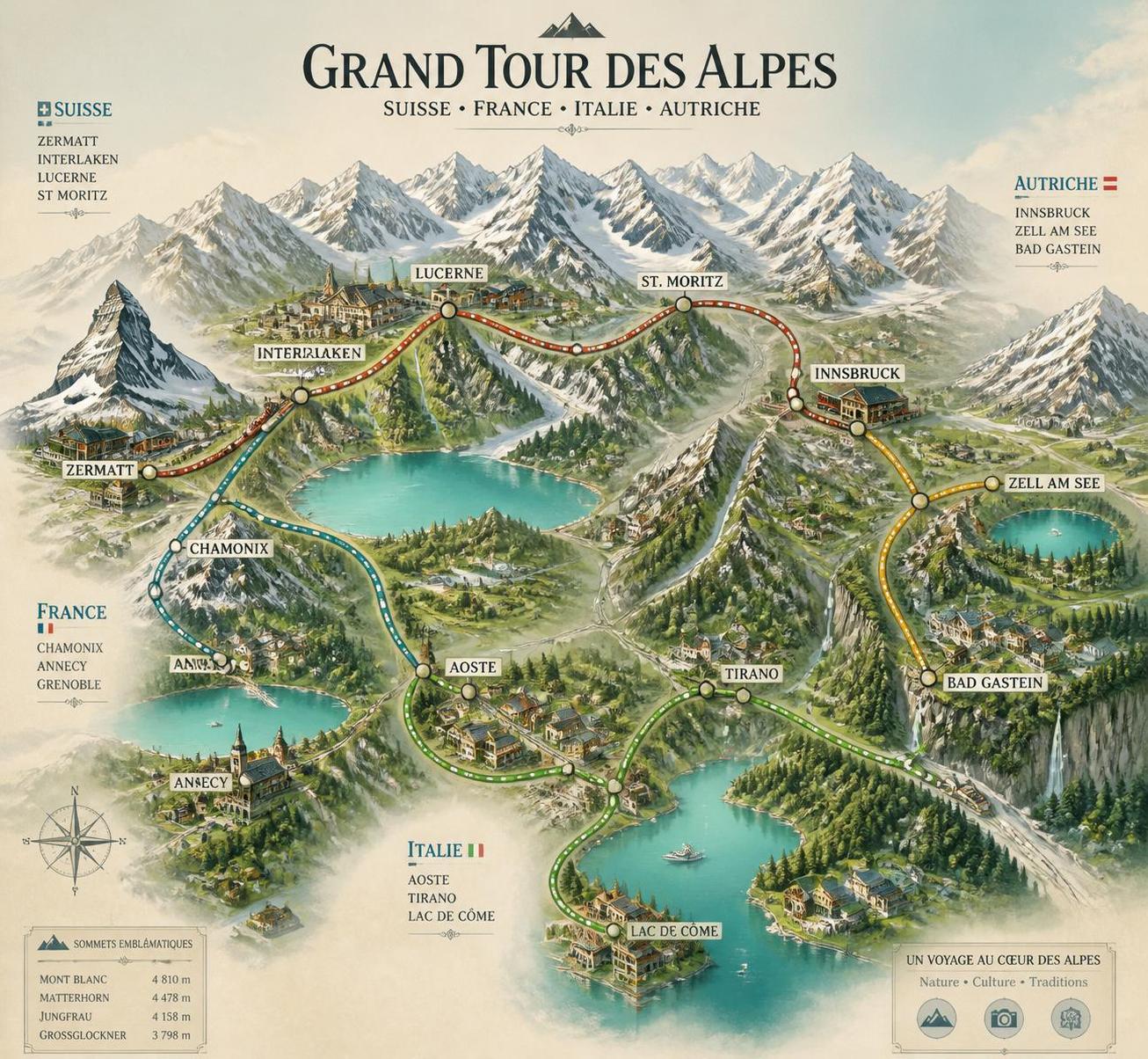découvrez un itinéraire unique de 14 jours à travers les alpes, explorant 4 pays magnifiques en une aventure inoubliable.